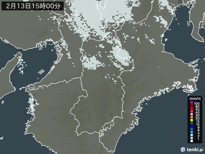 奈良県の雨雲レーダー(2025年02月13日)