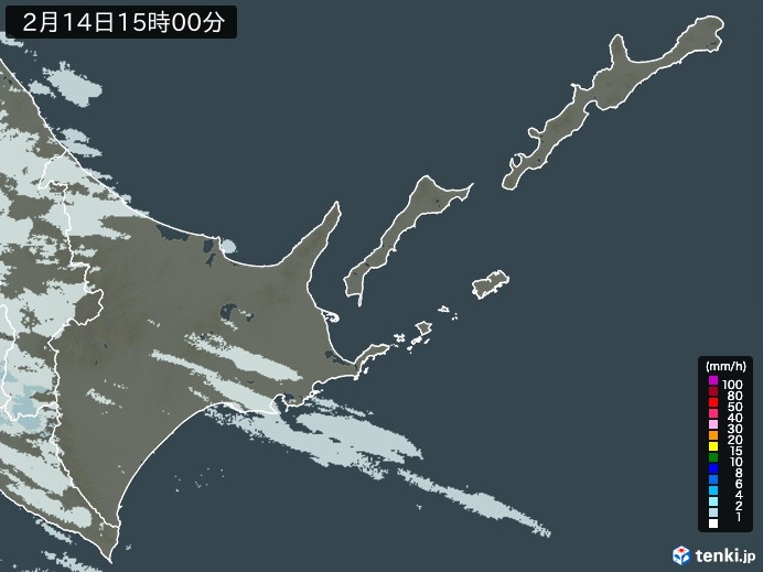 道東の雨雲レーダー(2025年02月14日)
