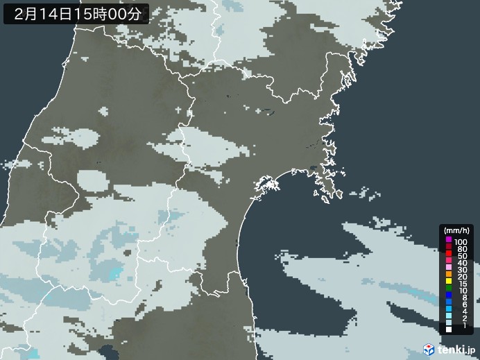 宮城県の雨雲レーダー(2025年02月14日)