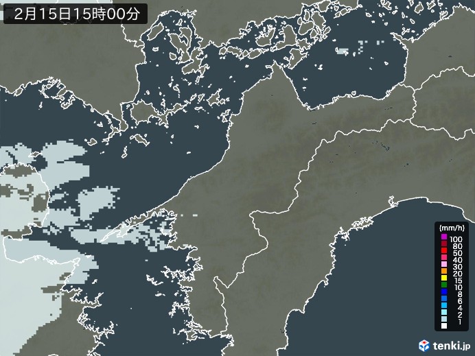 愛媛県の雨雲レーダー(2025年02月15日)