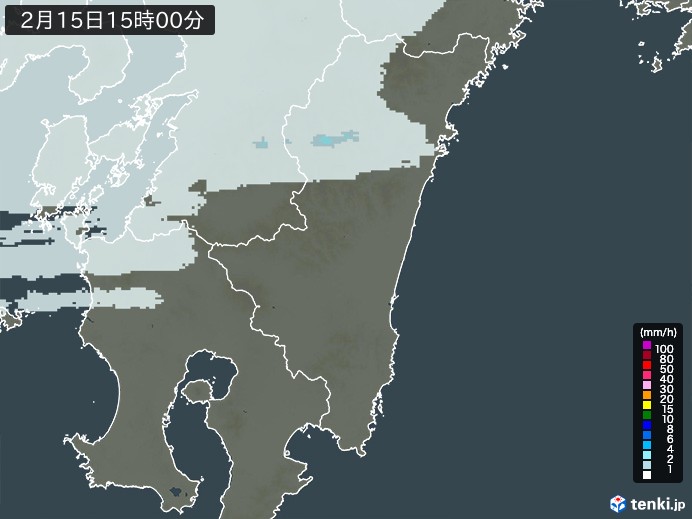 宮崎県の雨雲レーダー(2025年02月15日)