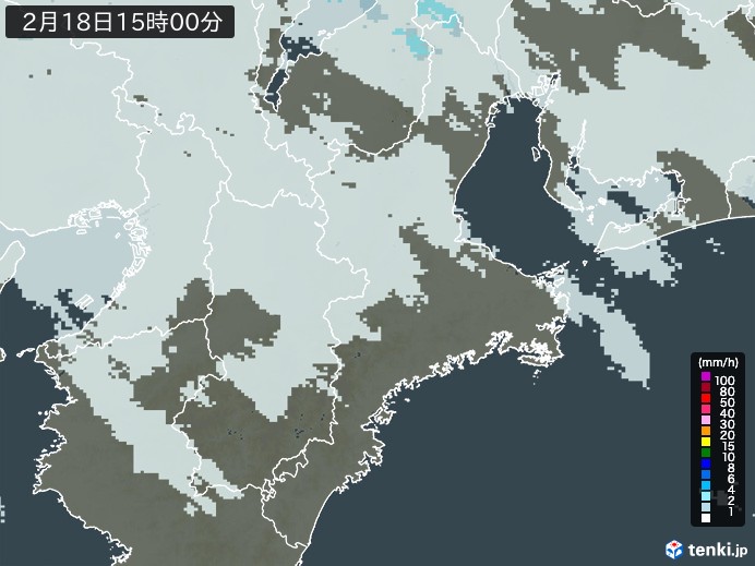 三重県の雨雲レーダー(2025年02月18日)