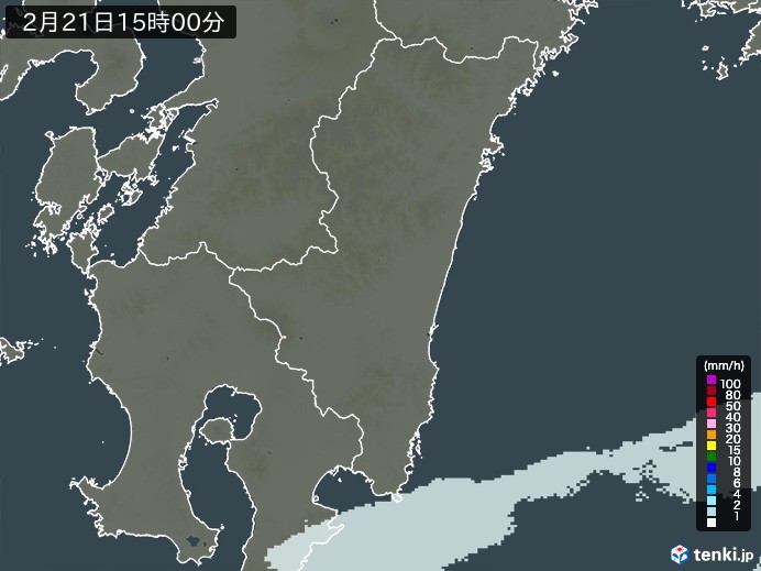 宮崎県の雨雲レーダー(2025年02月21日)