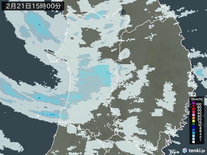 秋田県の雨雲レーダー(2025年02月21日)