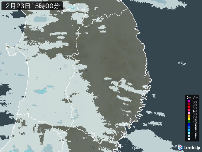 岩手県の雨雲レーダー(2025年02月23日)