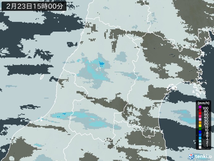 山形県の雨雲レーダー(2025年02月23日)