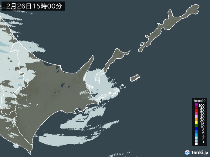 道東の雨雲レーダー(2025年02月26日)