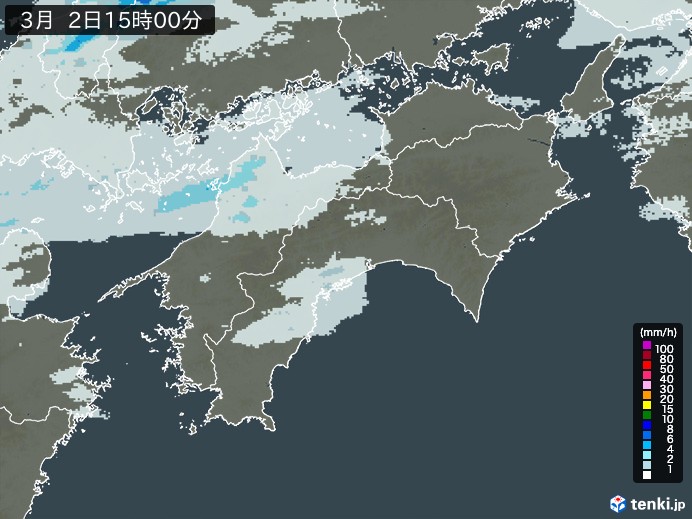 四国地方の雨雲レーダー(2025年03月02日)