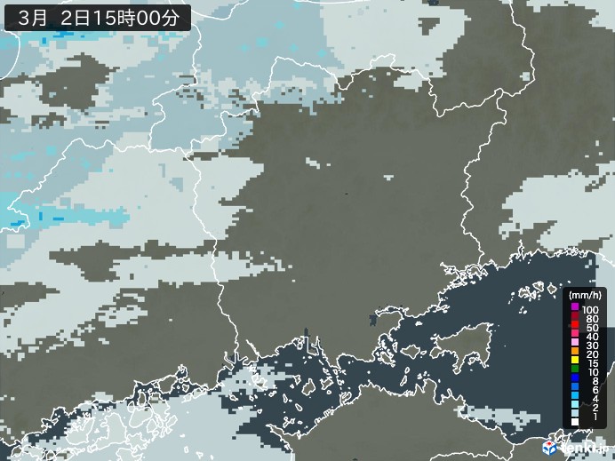 岡山県の雨雲レーダー(2025年03月02日)