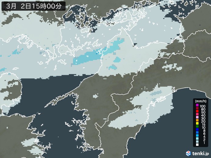 愛媛県の雨雲レーダー(2025年03月02日)