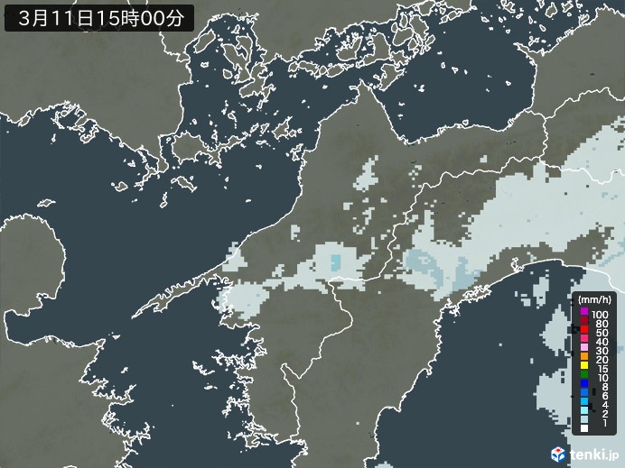 愛媛県の雨雲レーダー(2025年03月11日)