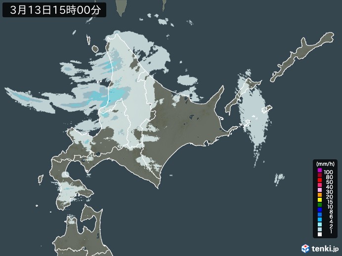 北海道地方の雨雲レーダー(2025年03月13日)