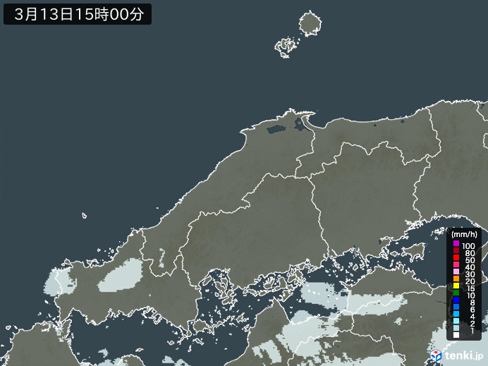 中国地方の雨雲レーダー(2025年03月13日)
