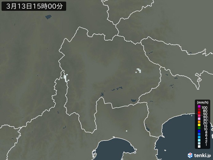 山梨県の雨雲レーダー(2025年03月13日)