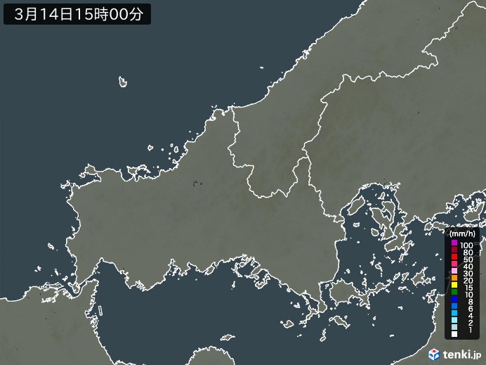 山口県の雨雲レーダー(2025年03月14日)