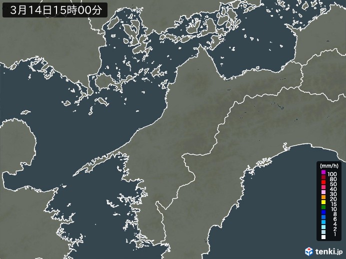 愛媛県の雨雲レーダー(2025年03月14日)