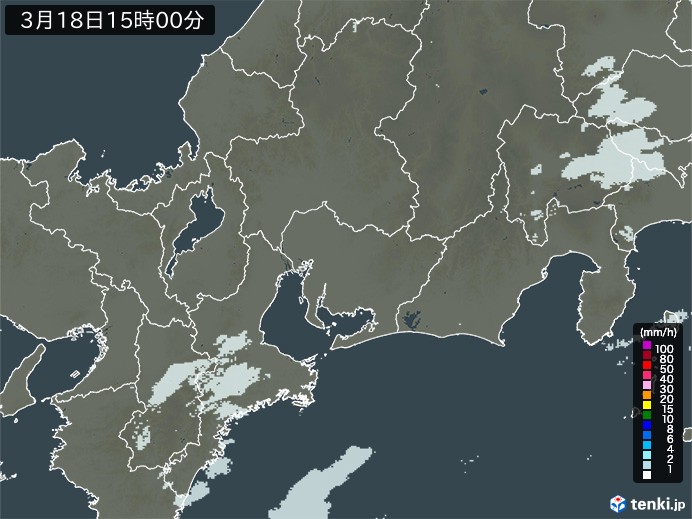 東海地方の雨雲レーダー(2025年03月18日)