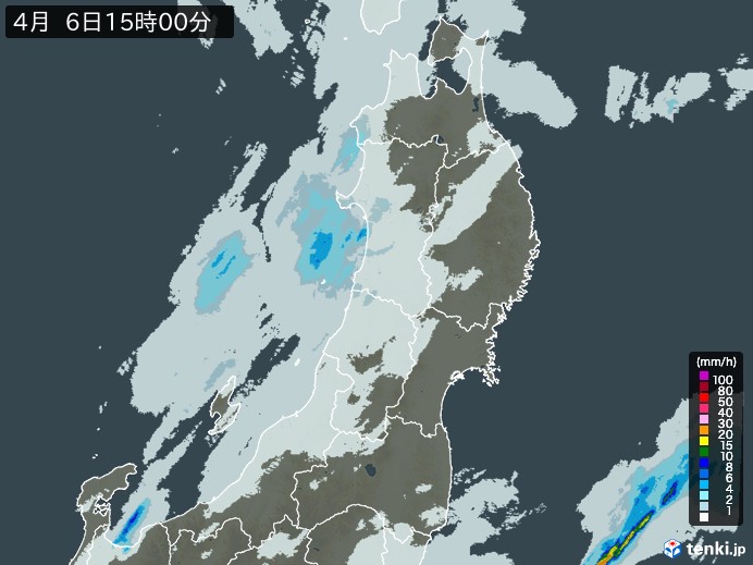 東北地方の雨雲レーダー(2025年04月06日)