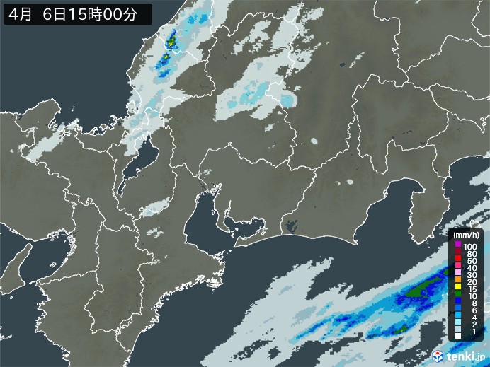 東海地方の雨雲レーダー(2025年04月06日)