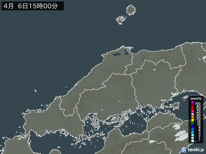 中国地方の雨雲レーダー(2025年04月06日)