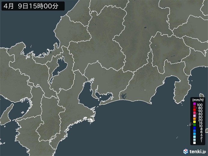 東海地方の雨雲レーダー(2025年04月09日)