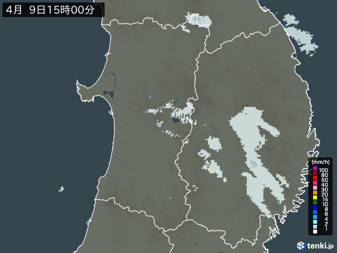 秋田県の雨雲レーダー(2025年04月09日)