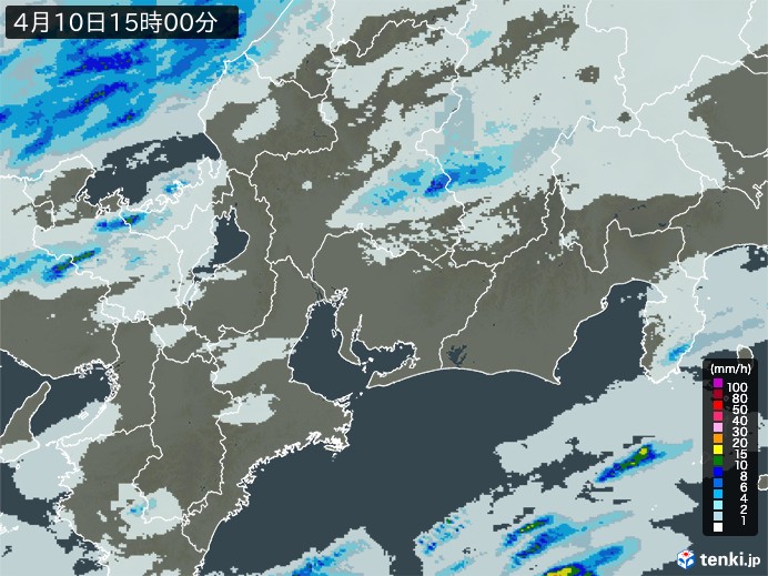 東海地方の雨雲レーダー(2025年04月10日)
