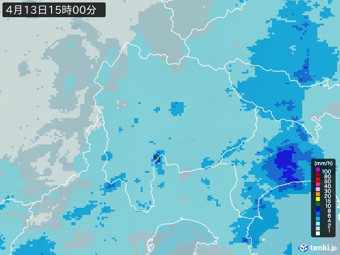 山梨県の雨雲レーダー(2025年04月13日)