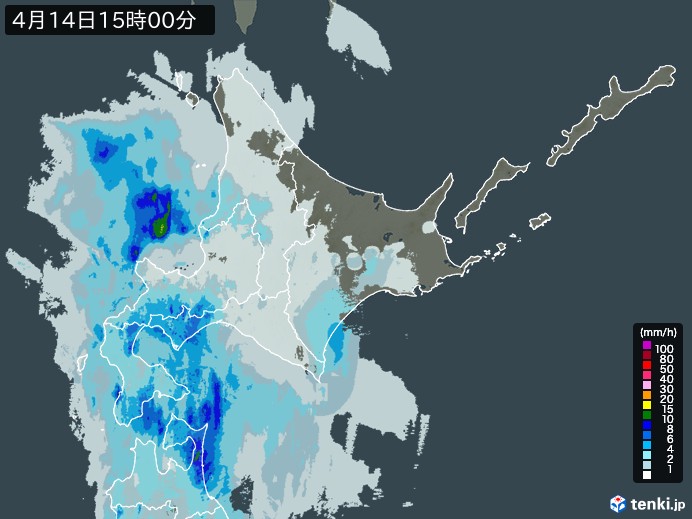 北海道地方の雨雲レーダー(2025年04月14日)