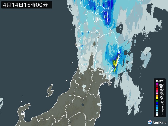 東北地方の雨雲レーダー(2025年04月14日)