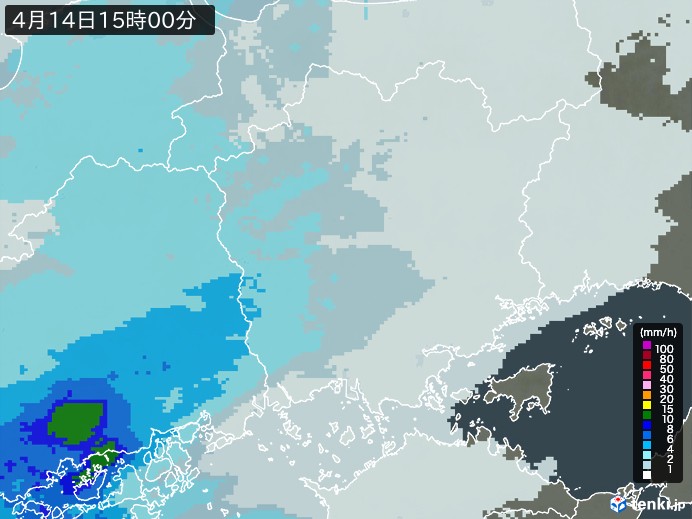 岡山県の雨雲レーダー(2025年04月14日)