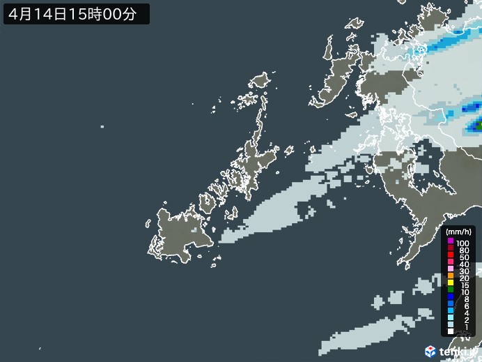 五島列島(長崎県)の雨雲レーダー(2025年04月14日)