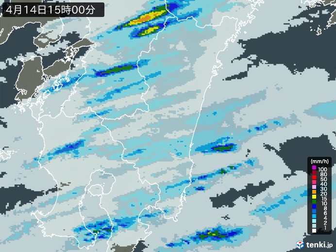 宮崎県の雨雲レーダー(2025年04月14日)