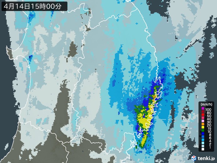 岩手県の雨雲レーダー(2025年04月14日)