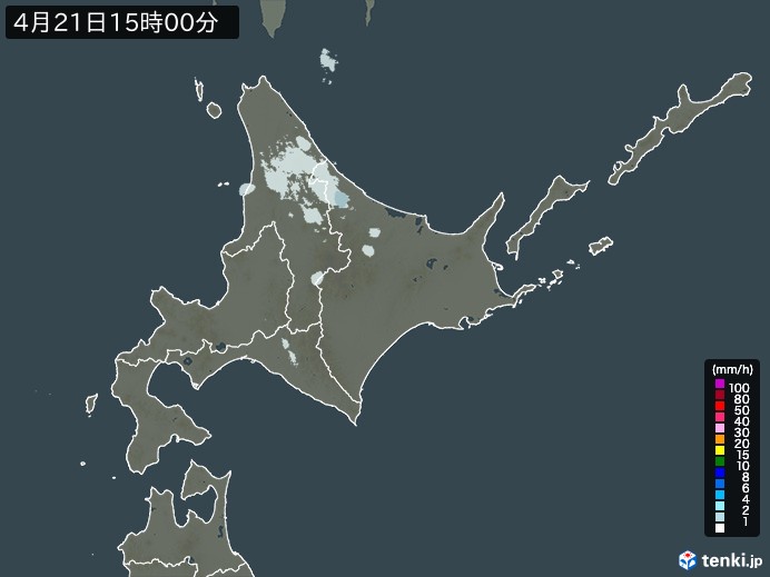 北海道地方の雨雲レーダー(2025年04月21日)