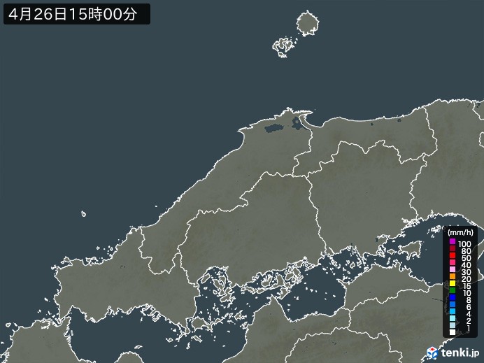 中国地方の雨雲レーダー(2025年04月26日)