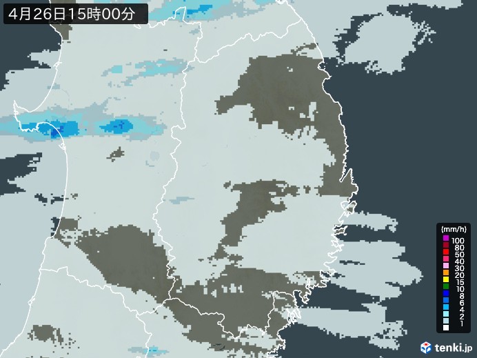 岩手県の雨雲レーダー(2025年04月26日)