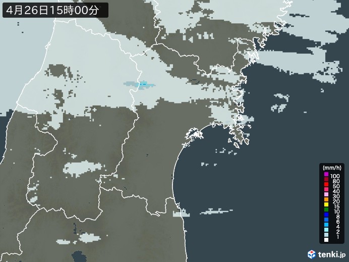 宮城県の雨雲レーダー(2025年04月26日)