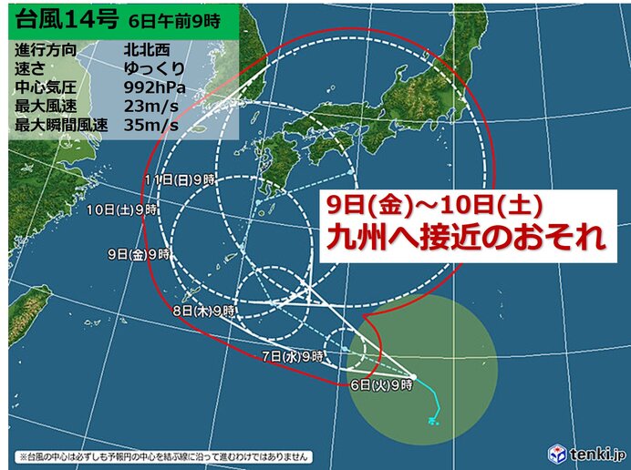 九州 9日 10日 台風14号接近のおそれ 気象予報士 山口 久美子 年10月06日 日本気象協会 Tenki Jp