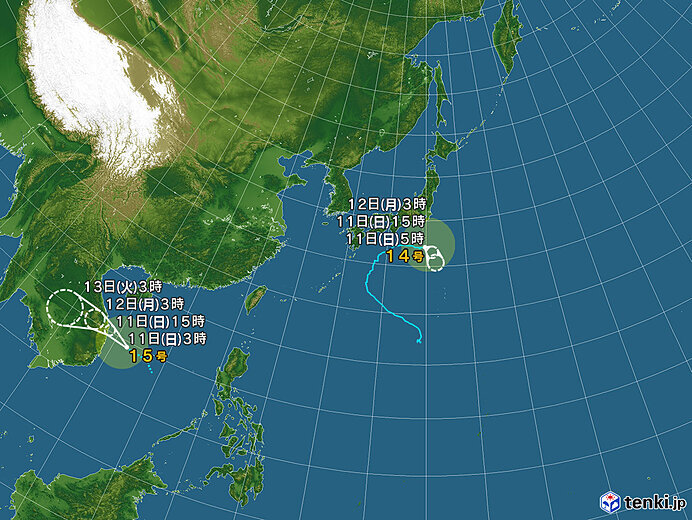 台風14号は南へ　台風15号発生も影響なし