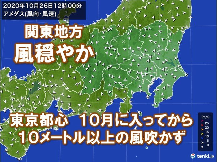 東京都心　10月に日最大風速10メートル以上なしか　木枯らし1号は?