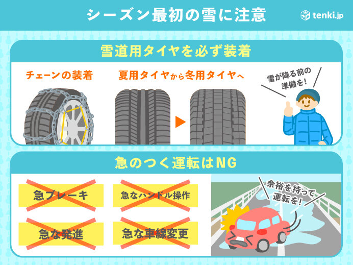シーズン最初の雪　峠道の運転は注意を