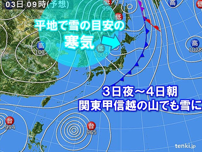 3日夜～4日朝をピークに強い寒気流入　今シーズン初のまとまった降雪か