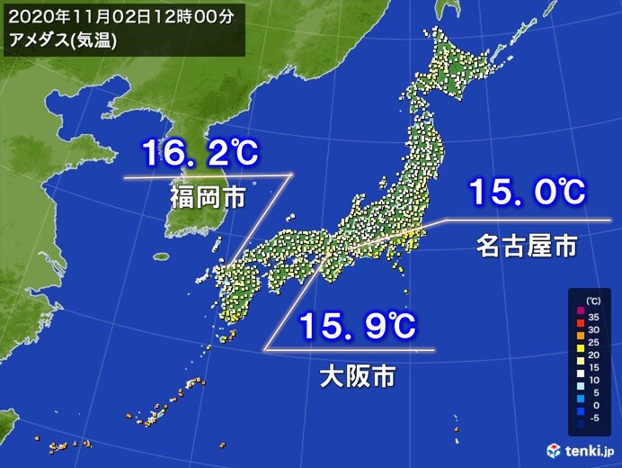 九州～東海　雨でヒンヤリ　大阪や名古屋の正午の気温15℃台