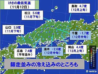 中国地方　冷え込みは今朝で一段落　あす(13日)から季節は逆戻り