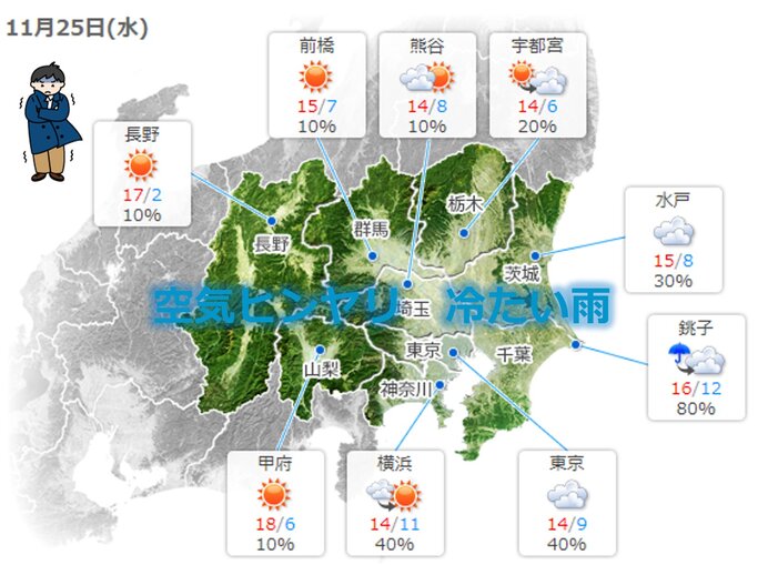 あさって水曜日　気温上がらず　冷たい雨の所も