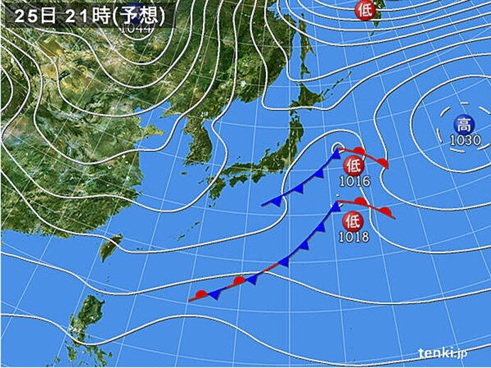 夜　北日本で雨や雪
