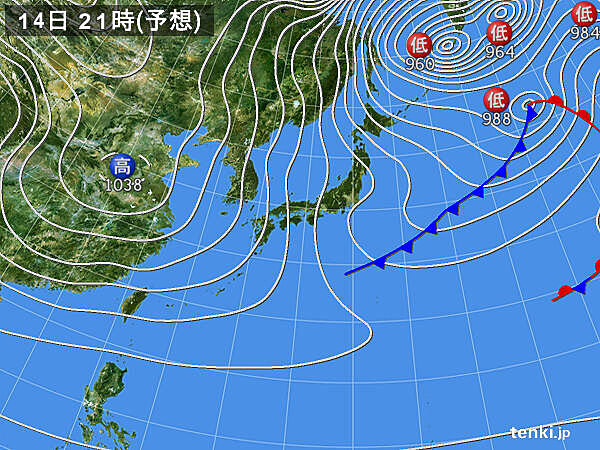 14日　強い寒気が流入　朝より夜の方が寒くなる　雪の範囲も西まで拡大