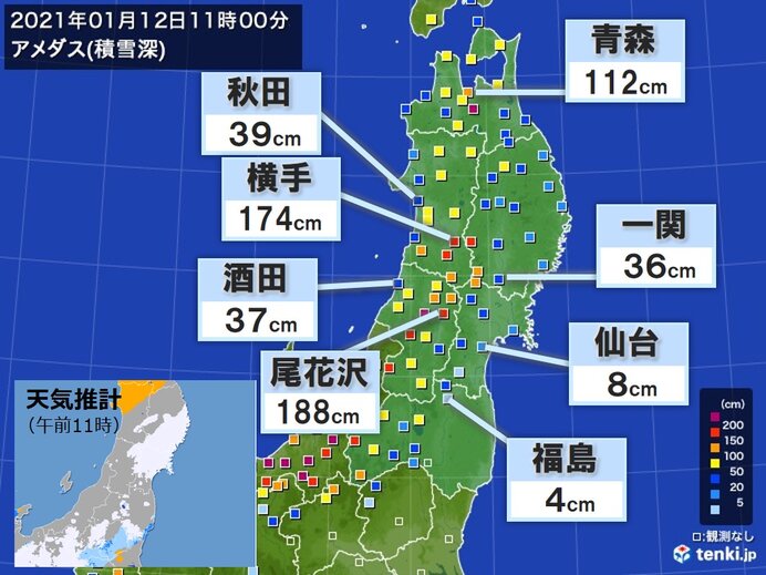 仙台積雪8cm 東北太平洋側も昼過ぎまで交通影響注意 午前11時現在 気象予報士 関口 元朝 21年01月12日 日本気象協会 Tenki Jp