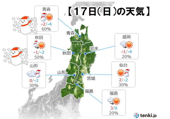 17日(日)　大学共通テスト2日目　日本海側を中心にふぶく恐れ